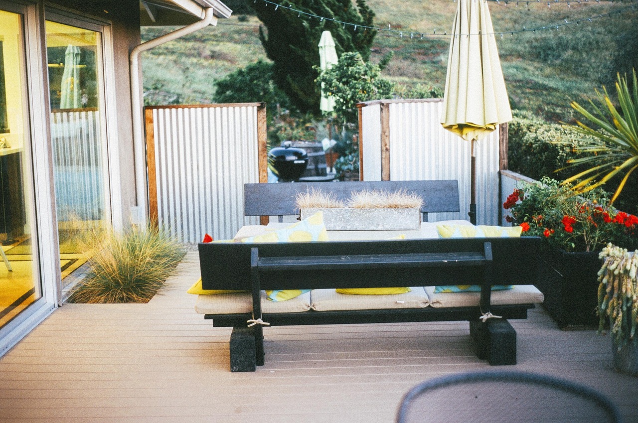 patio, backyard, umbrella, bench, table, wood, deck, plants, patio, patio, patio, nature, patio, patio